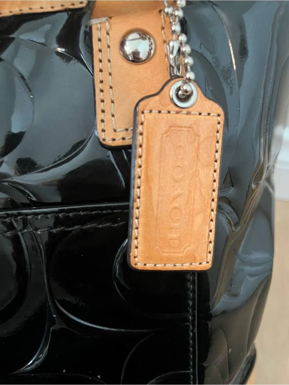 Coach F22322 Black Embossed Patent Signature Tote Bag Leather Trim Hangtag